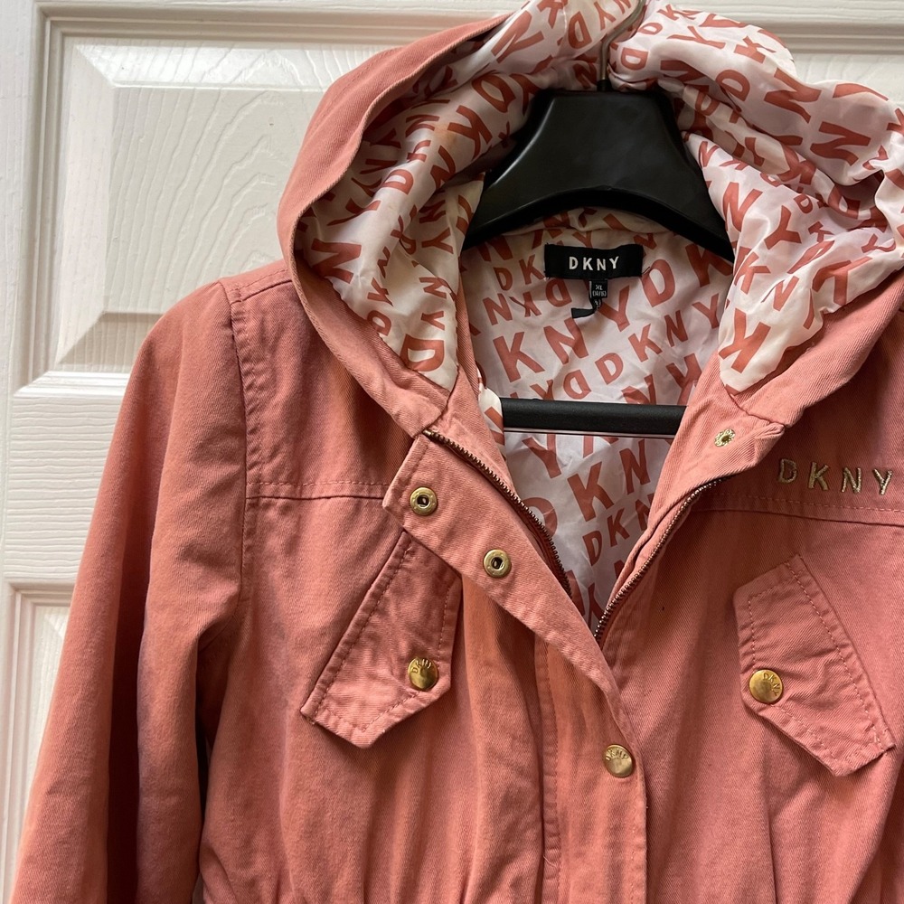 DKNY Girl's XL (14/16) Pink Utility Surplus Lined Hooded Jacket Embroidered Logo